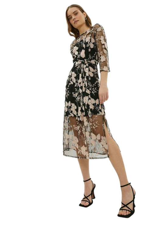 Jacques Vert Mono Embroidered Mesh Long Sleeve Column Dress BCC00833