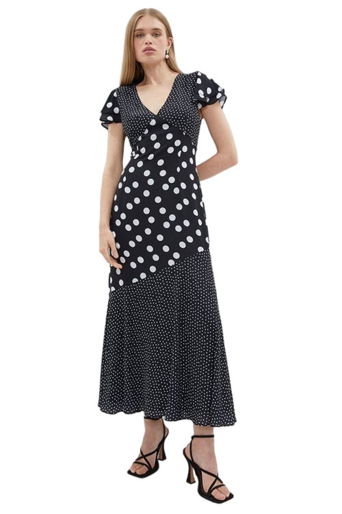 Jacques Vert Mono Polka Dot Ruffle Midi Dress BCC02884