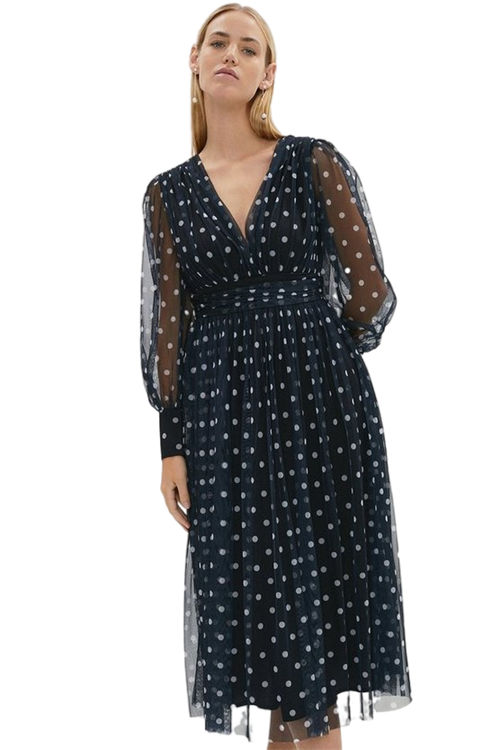 Jacques Vert Mono Printed Mesh Plunge Neck Midi Dress BCC03670