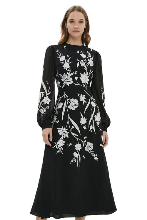 Jacques Vert Mono Trailing Dahlia Floral Embroidered Midi Dress BCC03951