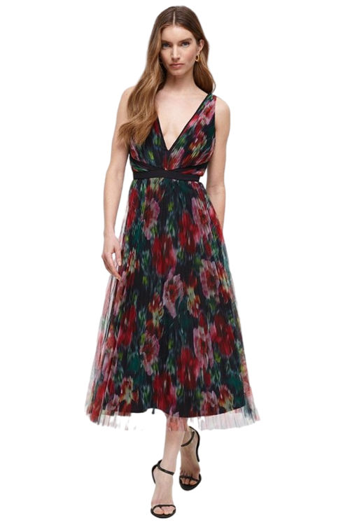 Jacques Vert Multi Blurred Floral Tipped Pleated Mesh Midi Dress BCC04578