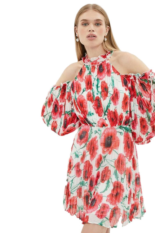 Jacques Vert Multi Cold Shoulder Pleated Chiffon Mini Dress BCC03319