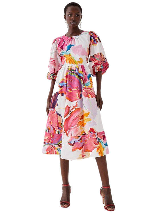 Jacques Vert Multi Cotton Printed Puff Sleeve Open Back Midi Dress BCC05429