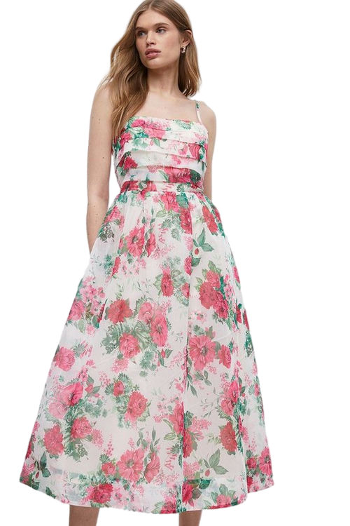 Jacques Vert Multi Floral Organza Pleated Bodice Midi Dress BCC05167