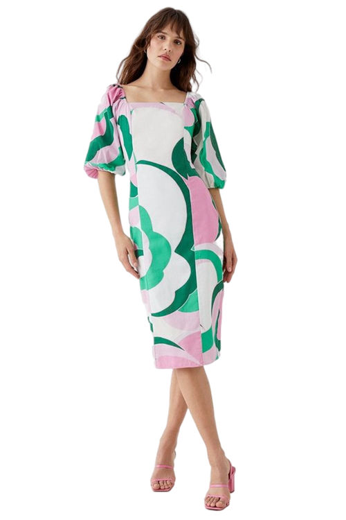 Jacques Vert Multi Geo Print Square Neck Linen Midi Dress BCC05077