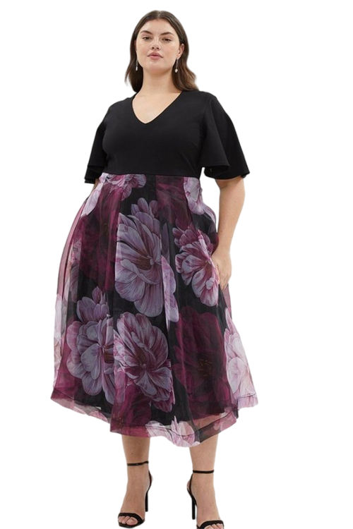 Jacques Vert Multi Plus Ponte Top Organza Skirt Midi Dress BCC04005