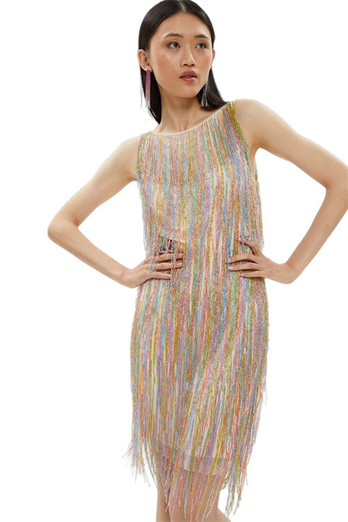 Jacques Vert Multi Premium Rainbow Embellished Fringe Mini Dress BCC01230