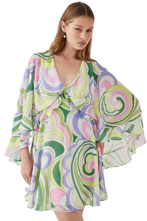 Jacques Vert Multi Printed Cape Sleeve Frill Mini Dress BCC05548