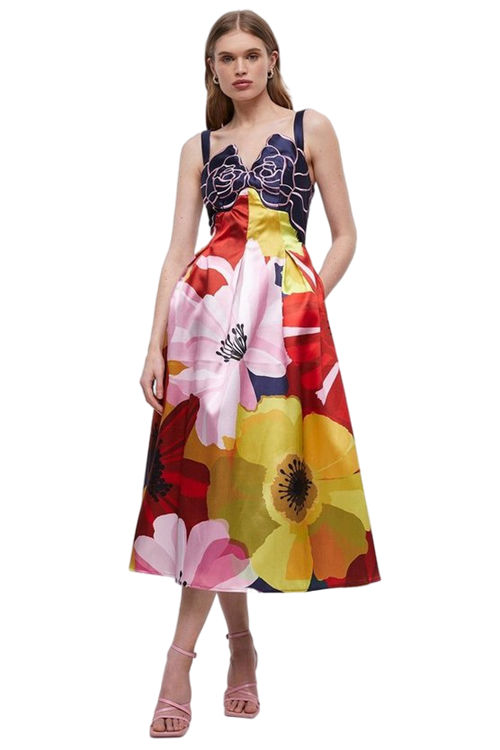 Jacques Vert Multi Printed Twill Midi Dress With Embroidered Flowers BCC04840