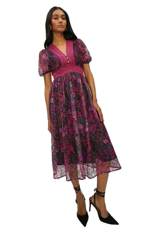 Jacques Vert Multi Puff Sleeve Printed Lace Midi Dress ACC03561