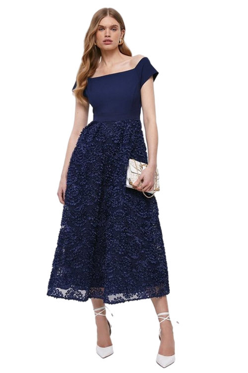 Jacques Vert Navy 3d Confetti Skirt Bardot Top Midi Dress BCC04539