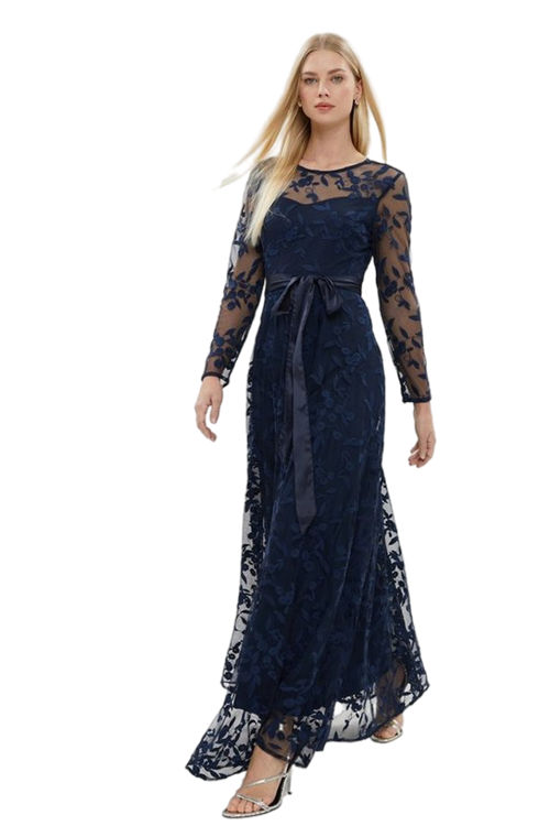 Jacques Vert Navy All Over Embroidered Long Sleeve Maxi Dress BCC02523