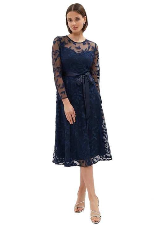 Jacques Vert Navy All Over Embroidered Long Sleeve Midi Dress BCC02514