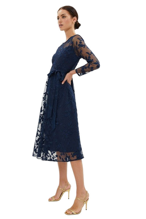 Jacques Vert Navy All Over Embroidered Long Sleeve Midi Dress BCC03508