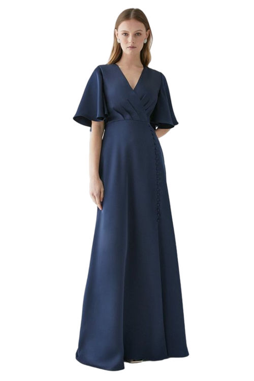 Jacques Vert Navy Angel Sleeve Satin Button Detail Bridesmaids Maxi Dress BCC04814