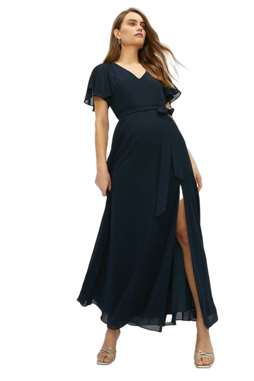 Jacques Vert Navy Angel Sleeve Split Front Tie Waist Maxi Dress BCC00269