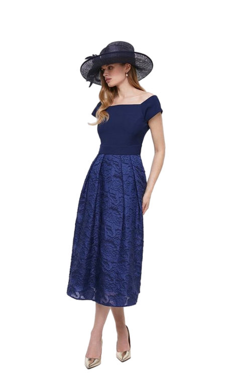 Jacques Vert Navy Bardot Clipped Jacquard Midi Dress ACC99205