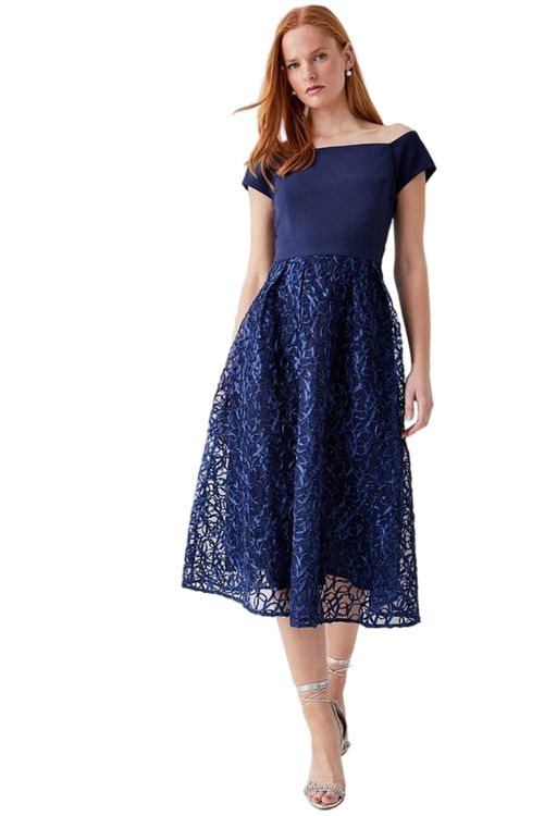 Jacques Vert Navy Bardot Ribbon Embroidered Midi Dress ACC95501