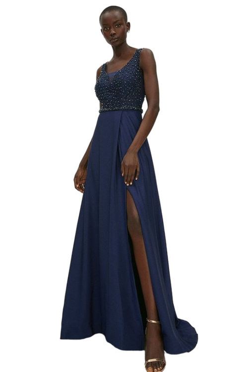 Jacques Vert Navy Beaded Satin Maxi Dress ACC99374