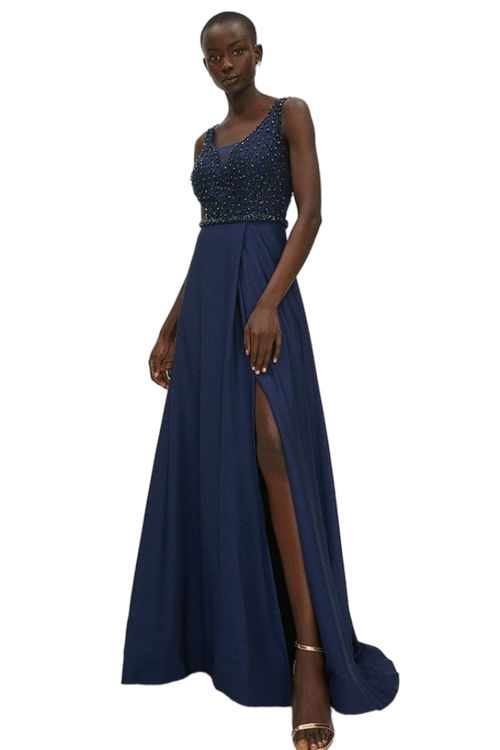 Jacques Vert Navy Beaded Satin Maxi Dress BCC00502