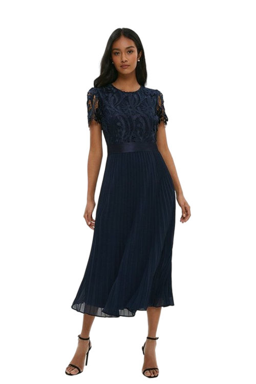 Jacques Vert Navy Belted Lace Bodice Pleat Skirt Midi Dress ACC03455