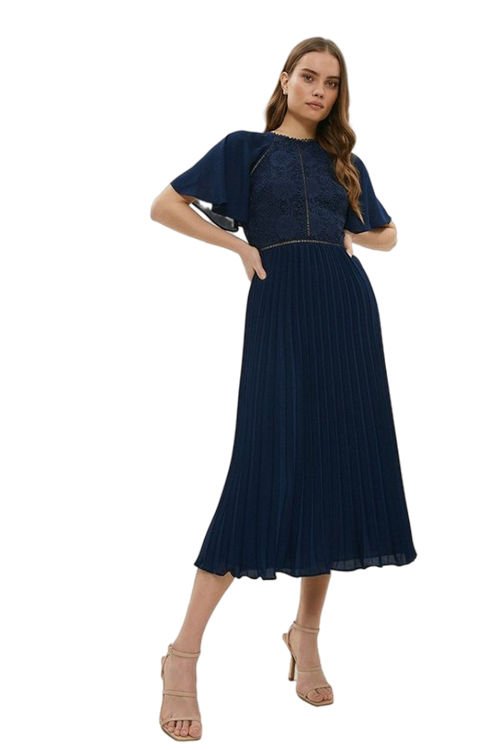 Jacques Vert Navy Cape Detail Lace Bodice Pleat Skirt Midi Dress BCC00672