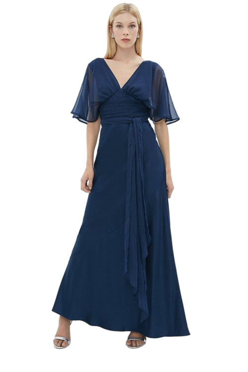 Jacques Vert Navy Chiffon Angel Sleeve Satin Maxi Dress BCC02596