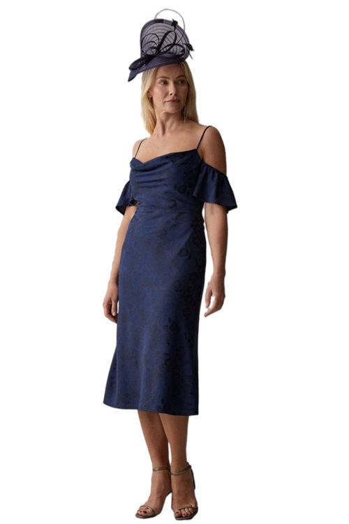 Jacques Vert Navy Cold Shoulder Flutter Sleeve Satin Jacquard Midi Dress BCC05338