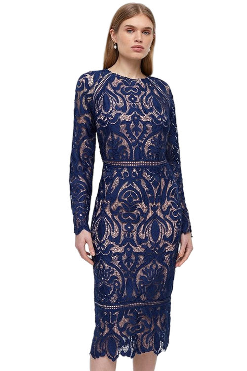 Jacques Vert Navy Contrast Lining Placement Lace Pencil Dress BCC04192