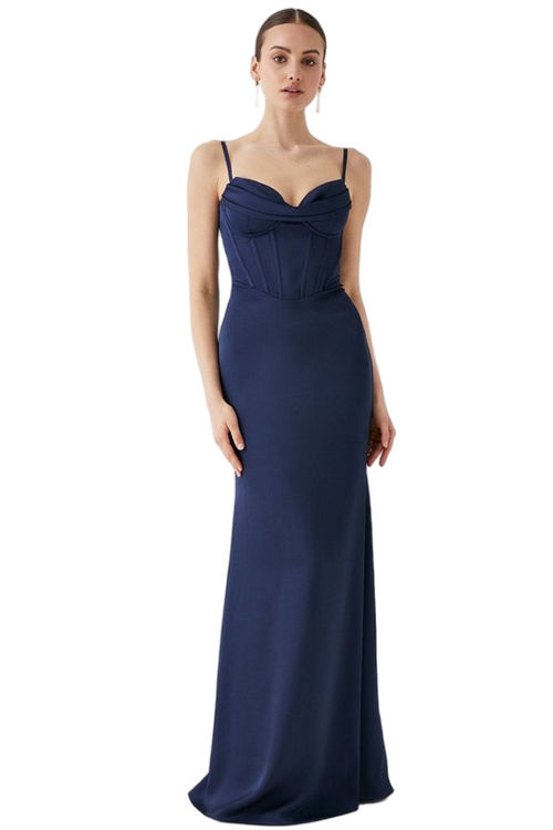 Jacques Vert Navy Cowl Detail Satin Maxi Dress With Corset BCC05224