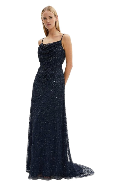 Jacques Vert Navy Cowl Neck Strappy Sequin Maxi Dress BCC04124