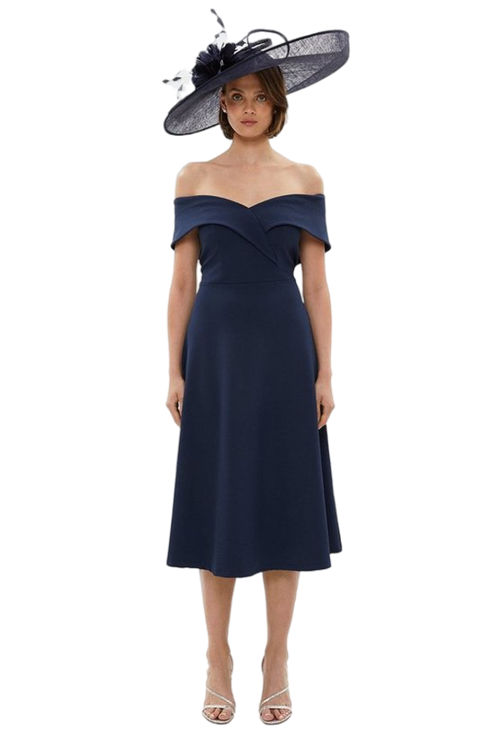 Jacques Vert Navy Crepe Bardot Detail Full Skirted Dress BCC02184