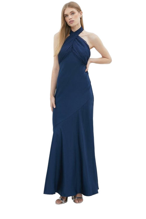 Jacques Vert Navy Crinkle Chiffon Halter Top Satin Maxi Dress BCC02598