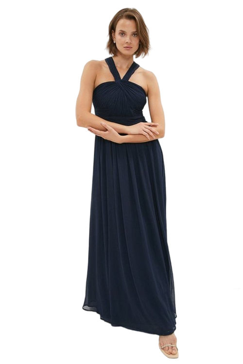 Jacques Vert Navy Cross Back Crinkle Chiffon Maxi Dress BCC02608