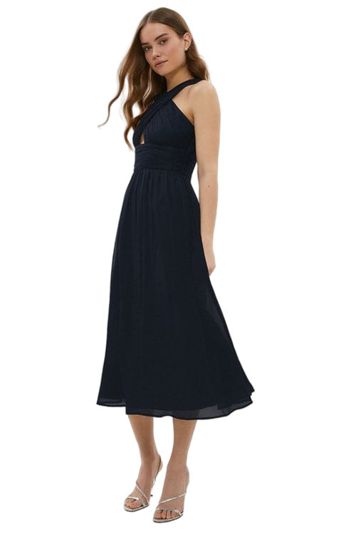 Jacques Vert Navy Cross Over Halter Neck Chiffon Midi Dress BCC01124