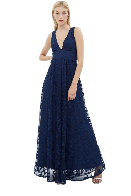 Jacques Vert Navy Deep V Full Skirt Embroidered Maxi Dress BCC03276