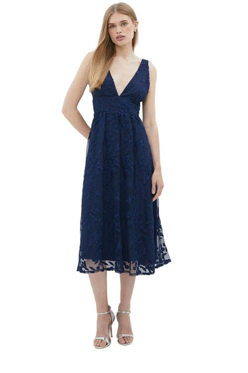 Jacques Vert Navy Deep V Full Skirt Embroidered Midi Dress BCC03280