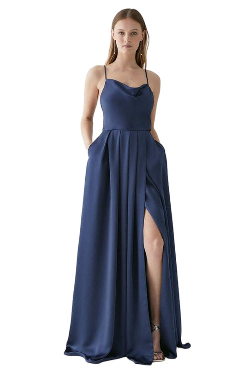 Jacques Vert Navy Drape Satin Thigh Split Sweeping Bridesmaid Maxi Dress BCC04786