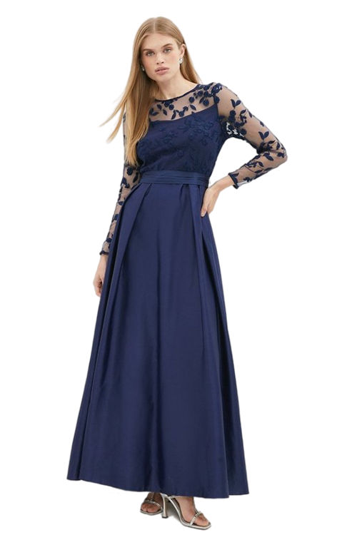 Jacques Vert Navy Embroidered Bodice Satin Skirt Maxi Dress BCC02566