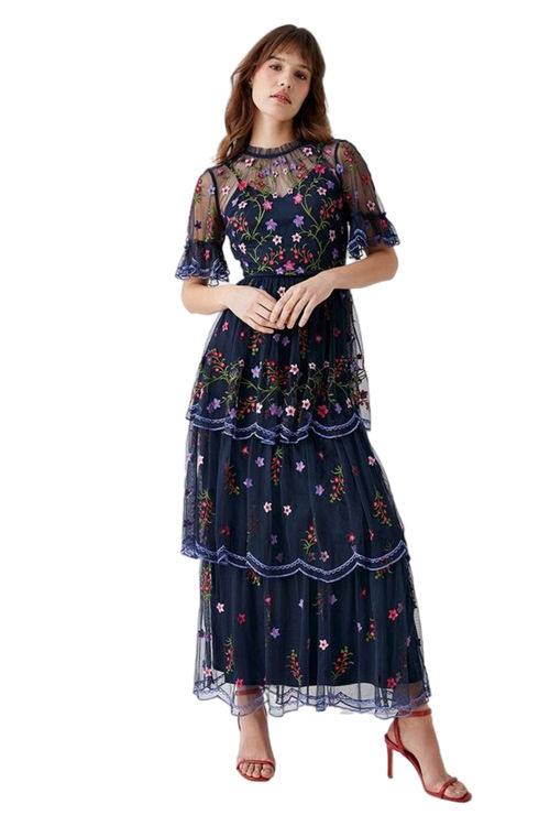 Jacques Vert Navy Embroidered Mesh Scallop Tiered Maxi Dress BCC04760