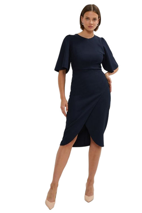 Jacques Vert Navy Flare Sleeve Crepe Wrap Pencil Dress BCC00458