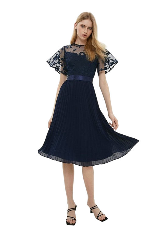 Jacques Vert Navy Flare Sleeve Embroidered Tie Waist Dress ACC03501