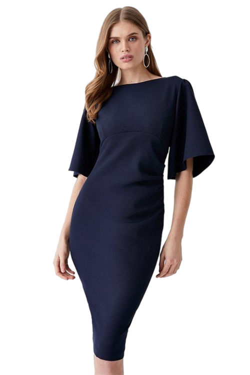 Jacques Vert Navy Flare Sleeve Ruche Waist Midi Dress BCC00301