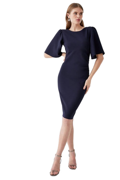 Jacques Vert Navy Flare Sleeve Ruche Waist Midi Dress BCC00390