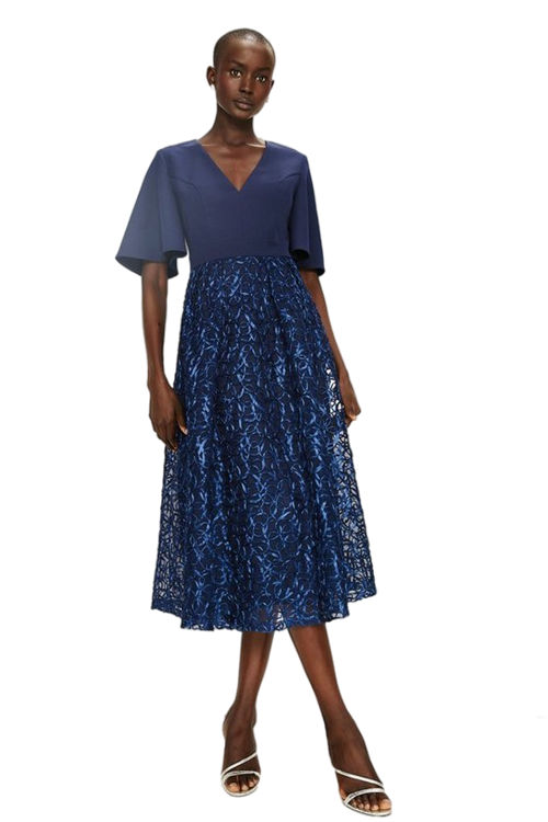 Jacques Vert Navy Flare Sleeve V Neck Embroidered Skirt Midi Dr BCC03268