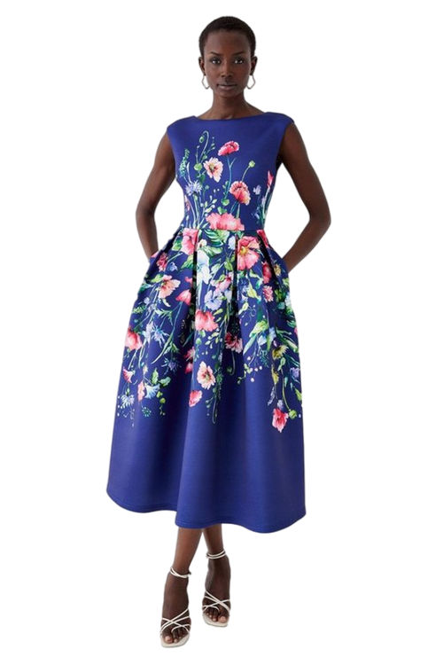 Jacques Vert Navy Floral Placement Full Skirted Scuba Dress BCC05365