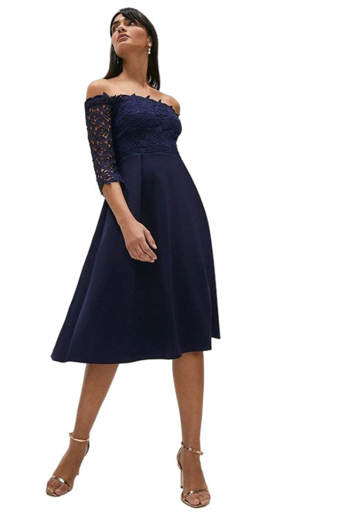 Jacques Vert Navy Lace Bardot Fit And Flare Dress ACC01210