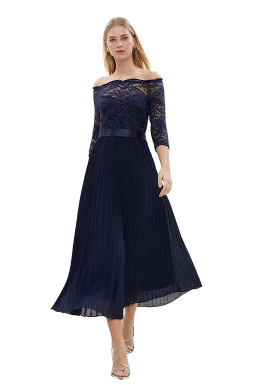 Jacques Vert Navy Lace Bardot Pleat Skirt Dress BCC01596