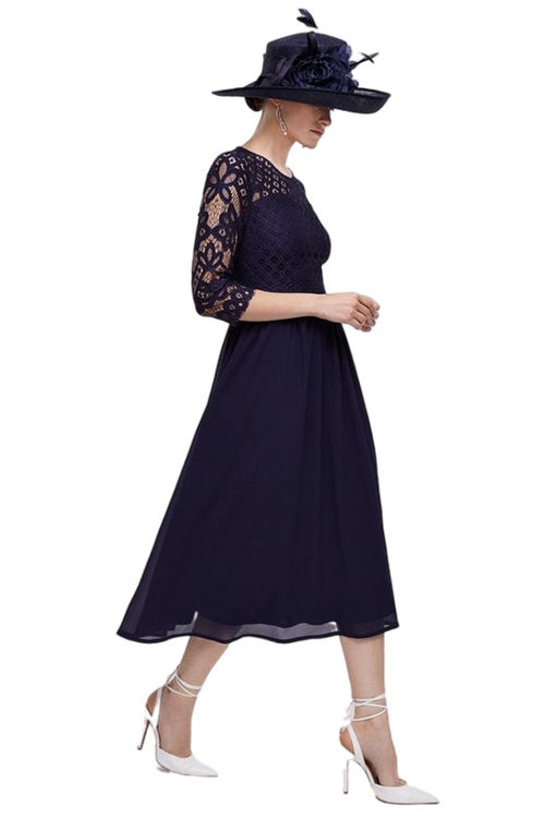 Jacques Vert Navy Lace Bodice Full Georgette Skirt Midi Dress BCC04748