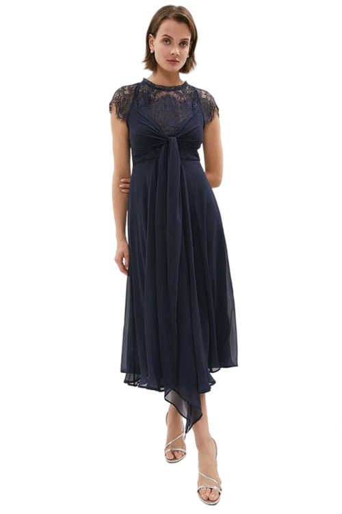 Jacques Vert Navy Lace Cross Over Front Crinkle Chiffon Midi BCC01461